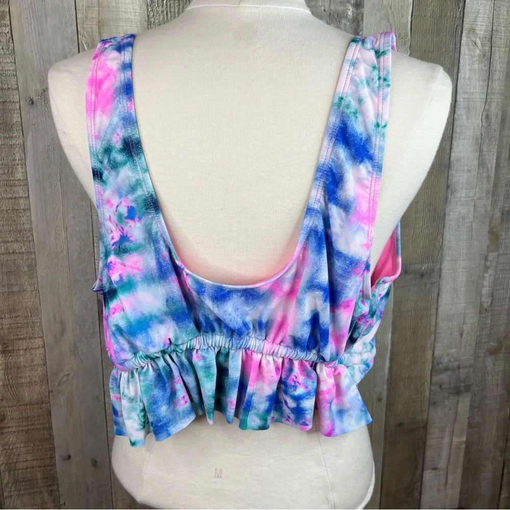 Decree Size 3X Tie Dye Ruffle Hem Tie Front Bikini Padded Top w/Side Wir…